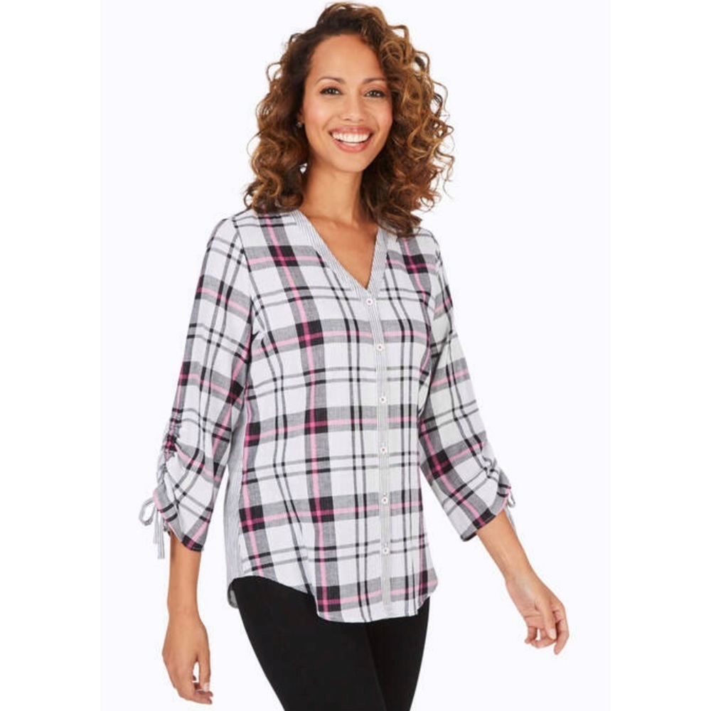 FOXCROFT Marlin Double Face Plaid White Grey Pink Button Down Shirt